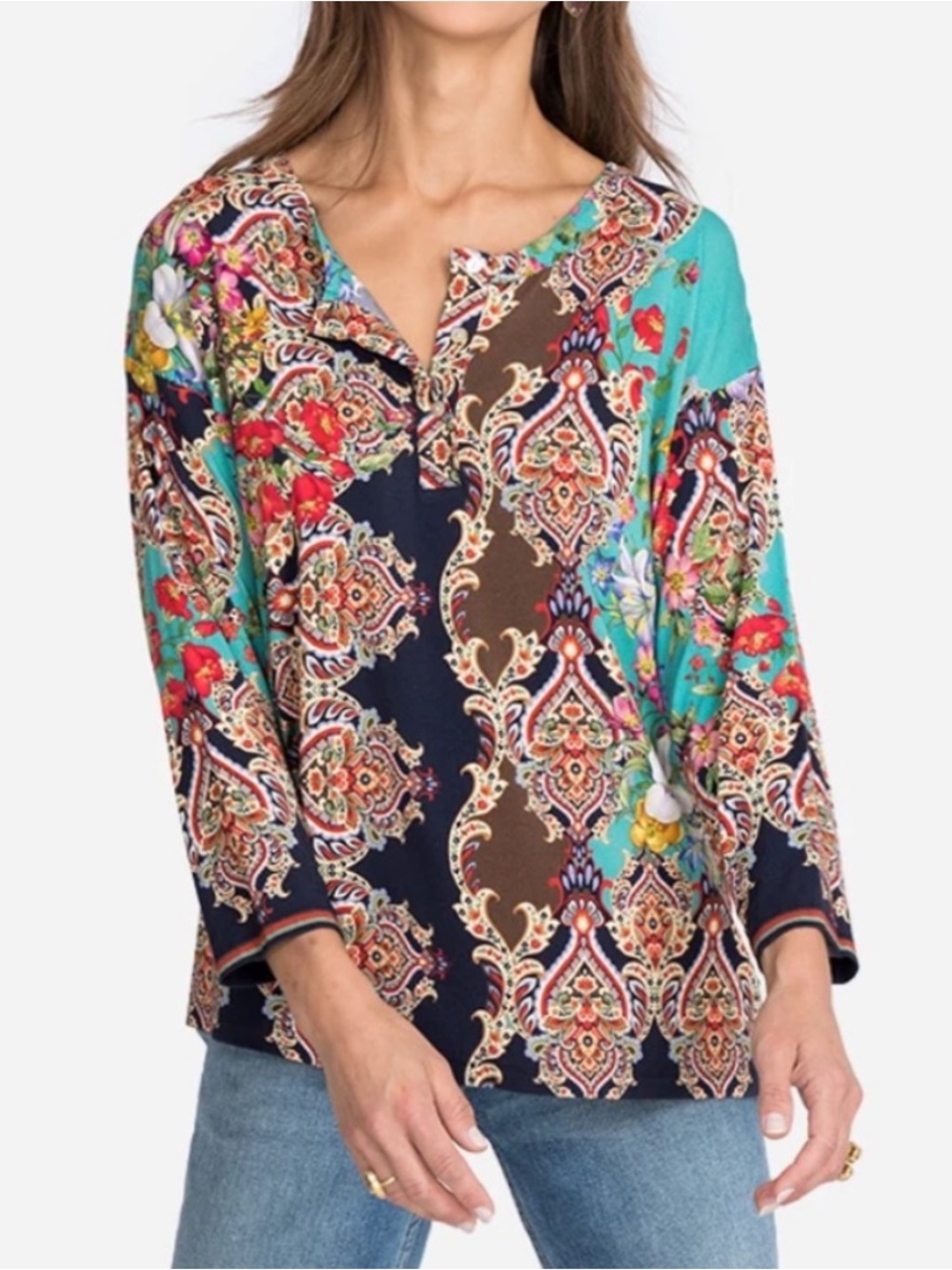 Johnny Was Indi Flower Print Boho Henley Top